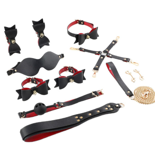 Venusfun Bondage Set with Red Black Bows PU Leather SM Restraints for Couples Roleplay