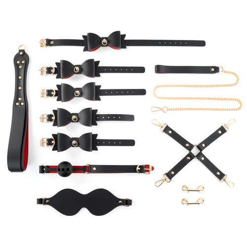 Venusfun Bondage Set with Red Black Bows PU Leather SM Restraints for Couples Roleplay