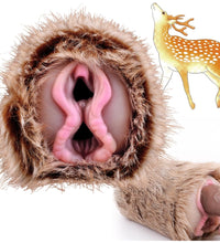GEEBA Deer Animal Pussy Male Masturbator with Dual Channels and Soft Plush Silicone 3D Ribbed Tunnel