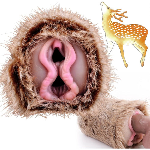 GEEBA Deer Animal Pussy Male Masturbator with Dual Channels and Soft Plush Silicone 3D Ribbed Tunnel