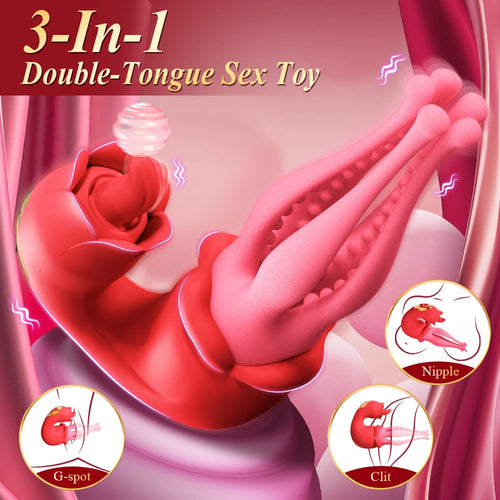 Venusfun 3 in 1 Rose Tongue Vibrator for Women Clit Nipple G-Spot 7 Licking Swinging Vibrations