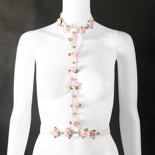 Venusfun BDSM Leather Corset with Rose Motif and Spiked Choker For Female