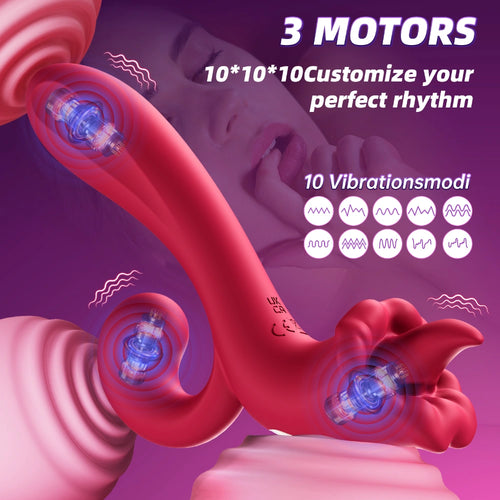 Venusfun Rose Vibrator with Tongue Licking Massager 3 Powerful Motors 10 Modes for Women