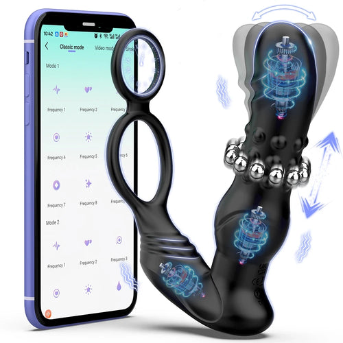 Venusfun Thrusting Butt Plug Anal Dildo with Cock Ring and 9 Vibrating Modes App Control for Men