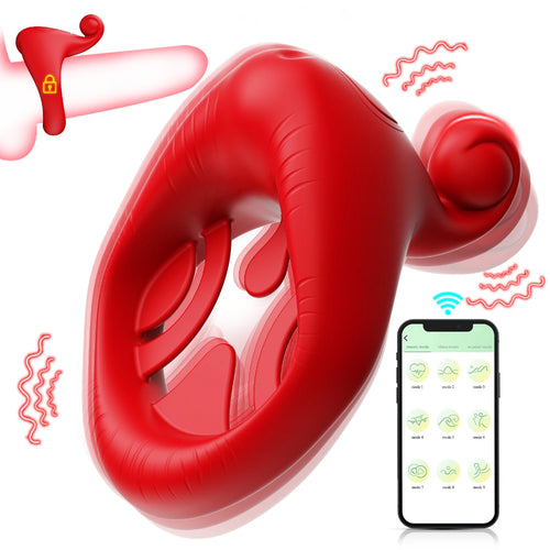 Venusfun Red Mouth Wearable Vibrating Cock Ring with APP Control for Couples